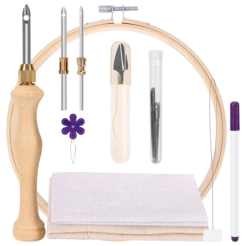 Punch Needle Stitching Kit Wood Color With Embroidery Hoop Adjustable Needle Punch, Tufting Cloth, Rug Hooking