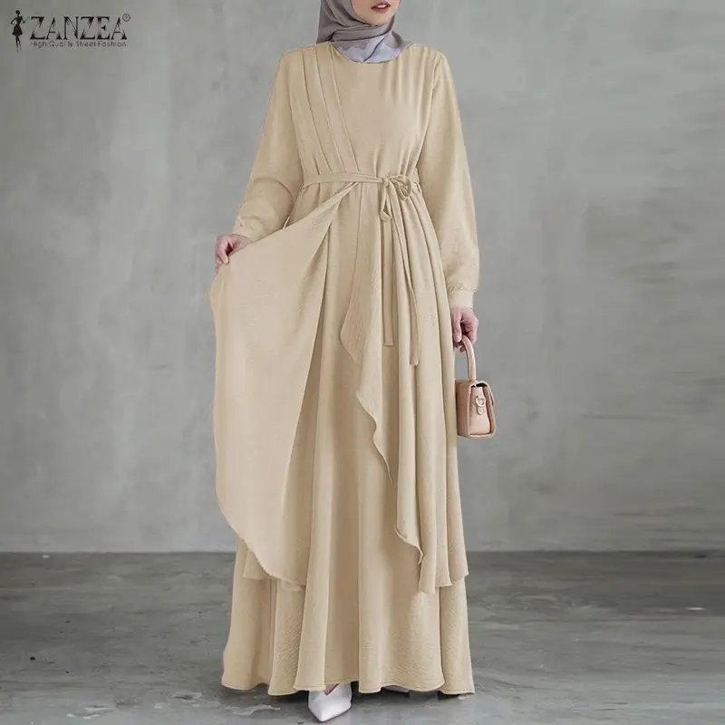 

Мусульманское платье-хиджаб ZANZEA для женщин, многослойное, длинное, с круглым вырезом, рукавами-фонариками, завязками на талии, макси-платье, скромное, для Рамадана и Ид, абайя, размеры S-3XL