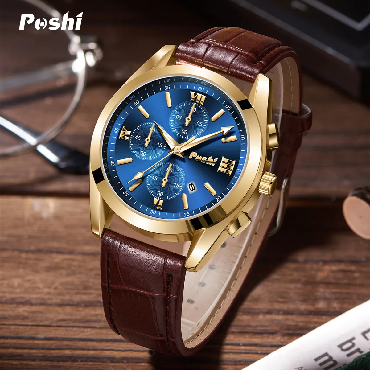 POSHI Original Men Quartz Watch Life Waterproof Luxury Leather Strap Quartz Movement with Date Mens Clock