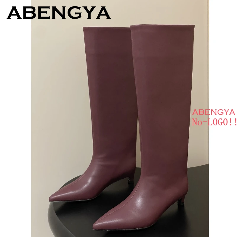 2025 Autumn Winter Kitten Heels Knee-High Boots Women Pointed Toe Real Leather Mid-calf Boots Fashion Knight Long Botas Mujer view 4