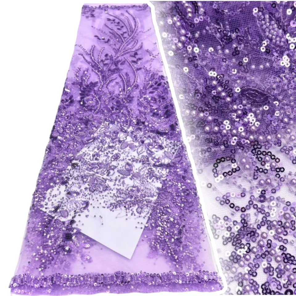 

Темно-африканская кружевная ткань ручной работы с блестками и бисером, роскошная французская нигерийская сетчатая тюль, кружевная ткань, женские свадебные платья 1093