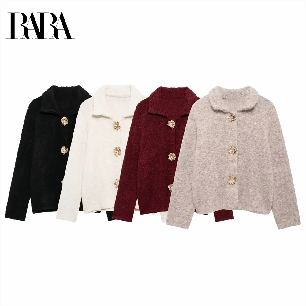 Taop&Za Women's Autumn/Winter New Product Flower Buckle Decoration Artificial Fur Effect Knitted Cardigan Sweater Coat