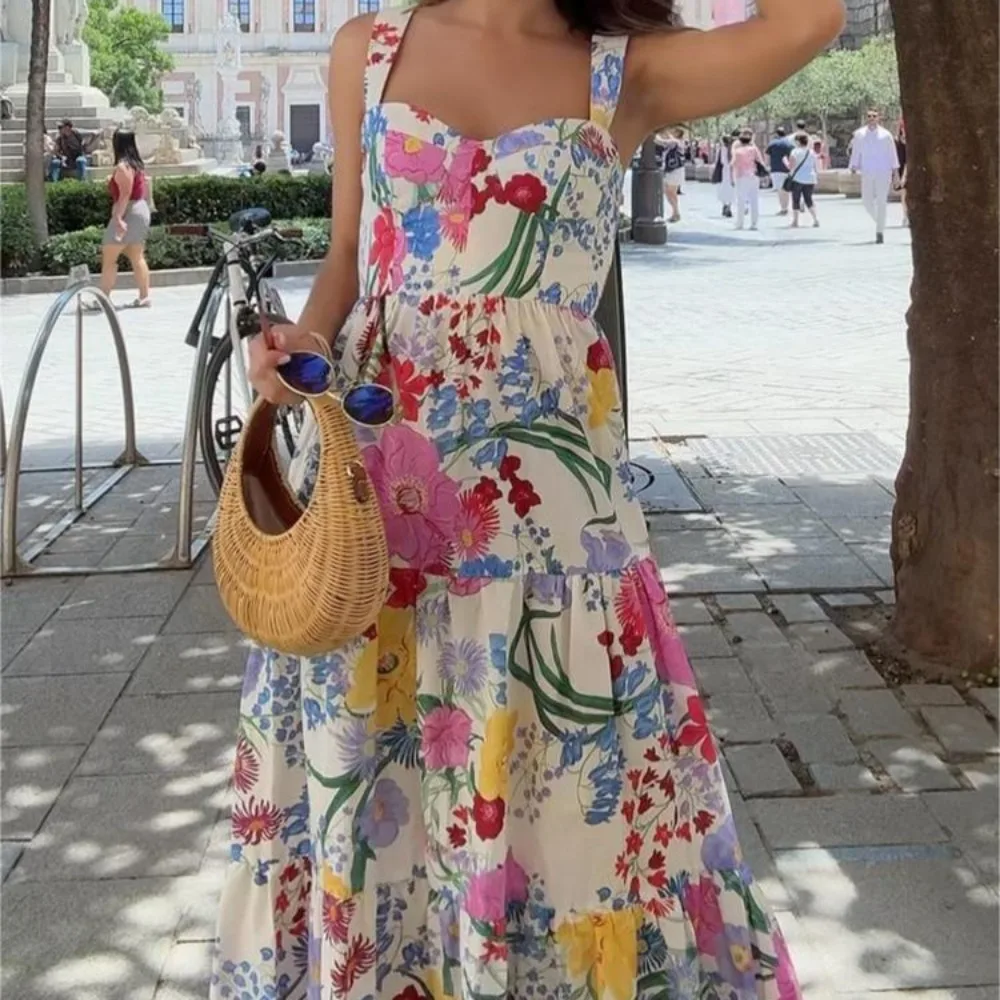 

Pastoral Style Printed Dress 2024 A-line Square Neck Female Dresses Sweet Flower Printed Suspender Dress Beach