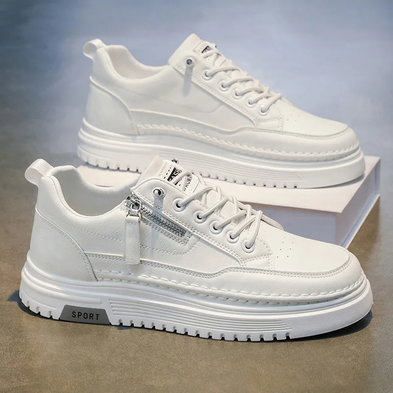 

Men's Trendy Light Luxury Low-Top Sneakers Spring Thick-Soled White Casual Sports Board Shoes Side Zipper Versatile