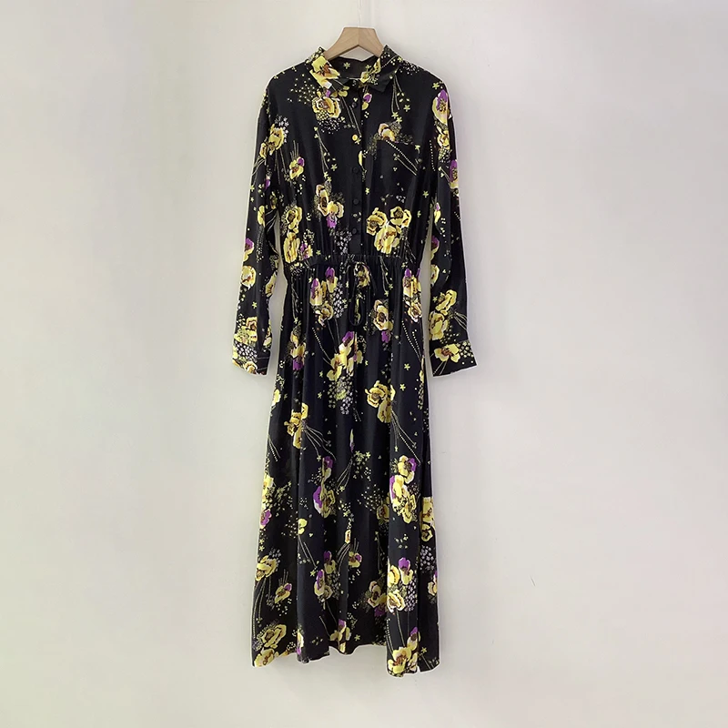 Zadig Casual Dresses Women Black Dress Yellow Print Long Sleeve Robes Female Summer Cotton Loose Dress Ladies Long Robes Abaya