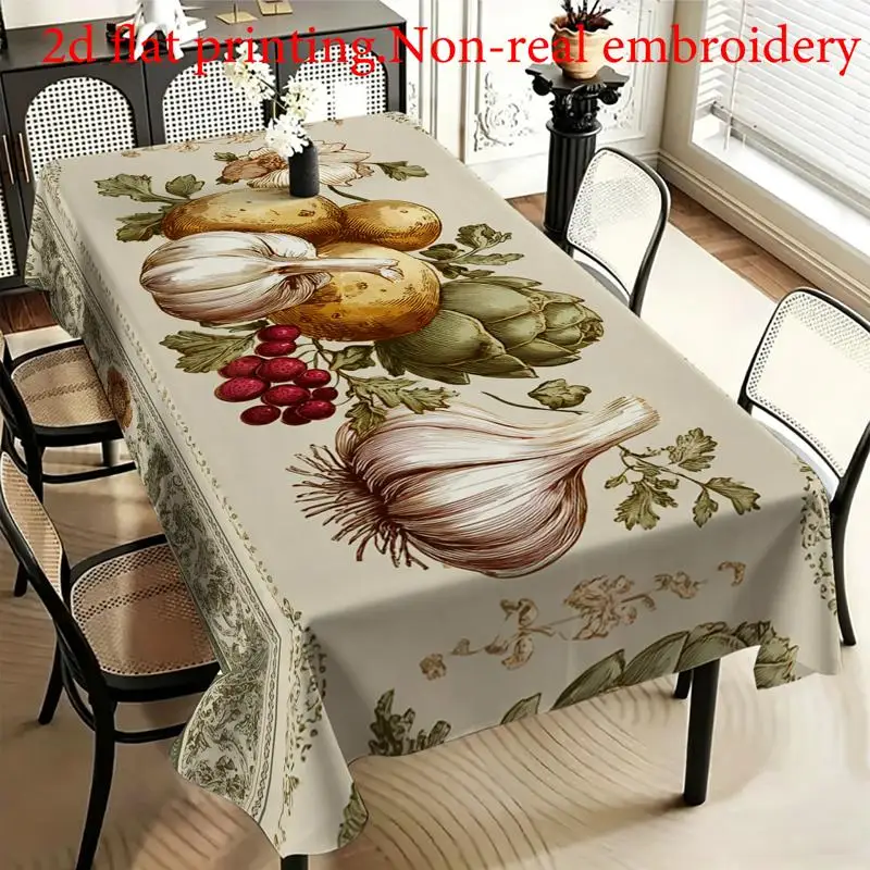 One vintage vegetable-printed canvas tablecloth, washable for decorative use.