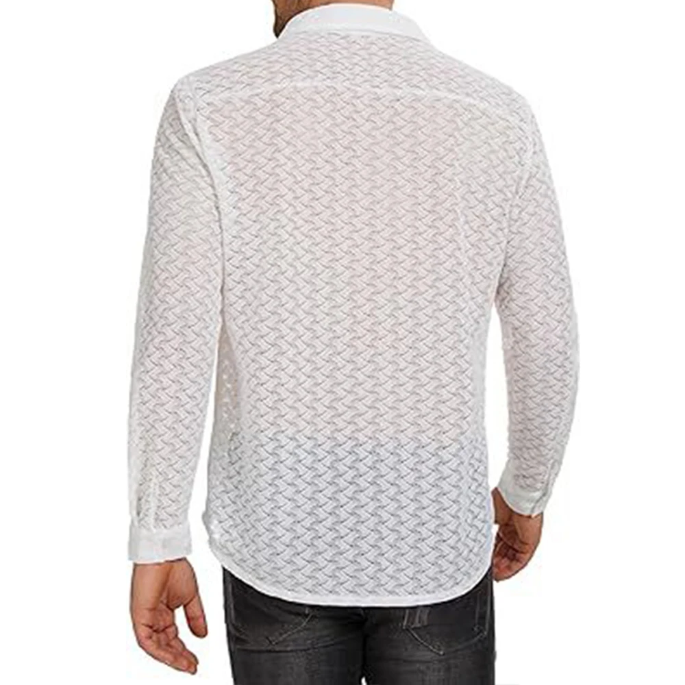 Men\'s Lace Perspective Shirt Fashion Solid Color Lapel Button Sexy Openwork Mesh Long Sleeve Shirt Holiday Casual Top