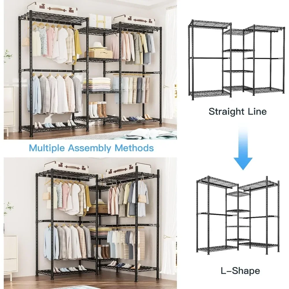 Wire Garment Rack, Metal Freestanding Closet Organizer and Storage System, Heavy Duty Clothing Wardrobe with 8 Shelves and