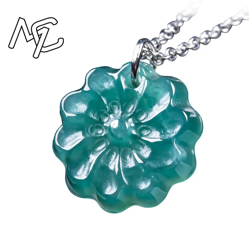 Hand Carved Natural Blue Water Jadeite Flower Pendant S925 Silver Chain Floral Jade Necklace Women Vintage Chinese Jewelry Gift - view 5