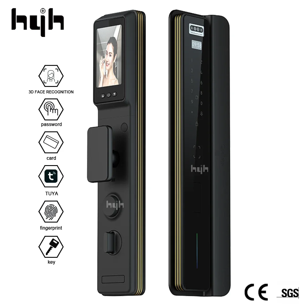 hyh Electronic Automatic Biometric Fingerprint Face Recognition Lock Tuya APP Wifi Card 3D Face Detection Smart Door Lock