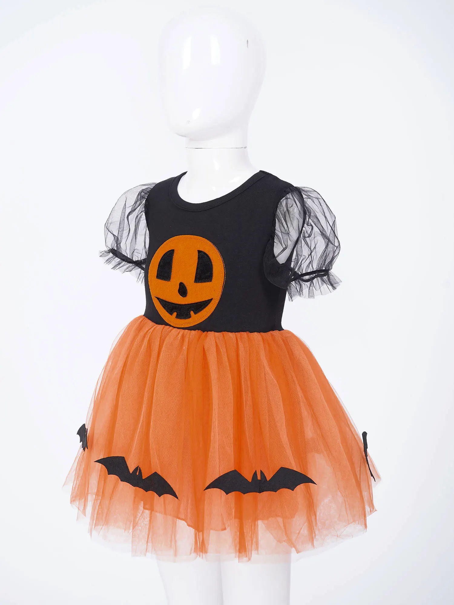 Infant Mädchen Halloween Kürbis Kleid Puff Kurzarm Cushaw Bat Drucken Tüll Mesh Tutu Halloween Thema Party Cosplay Kleidung