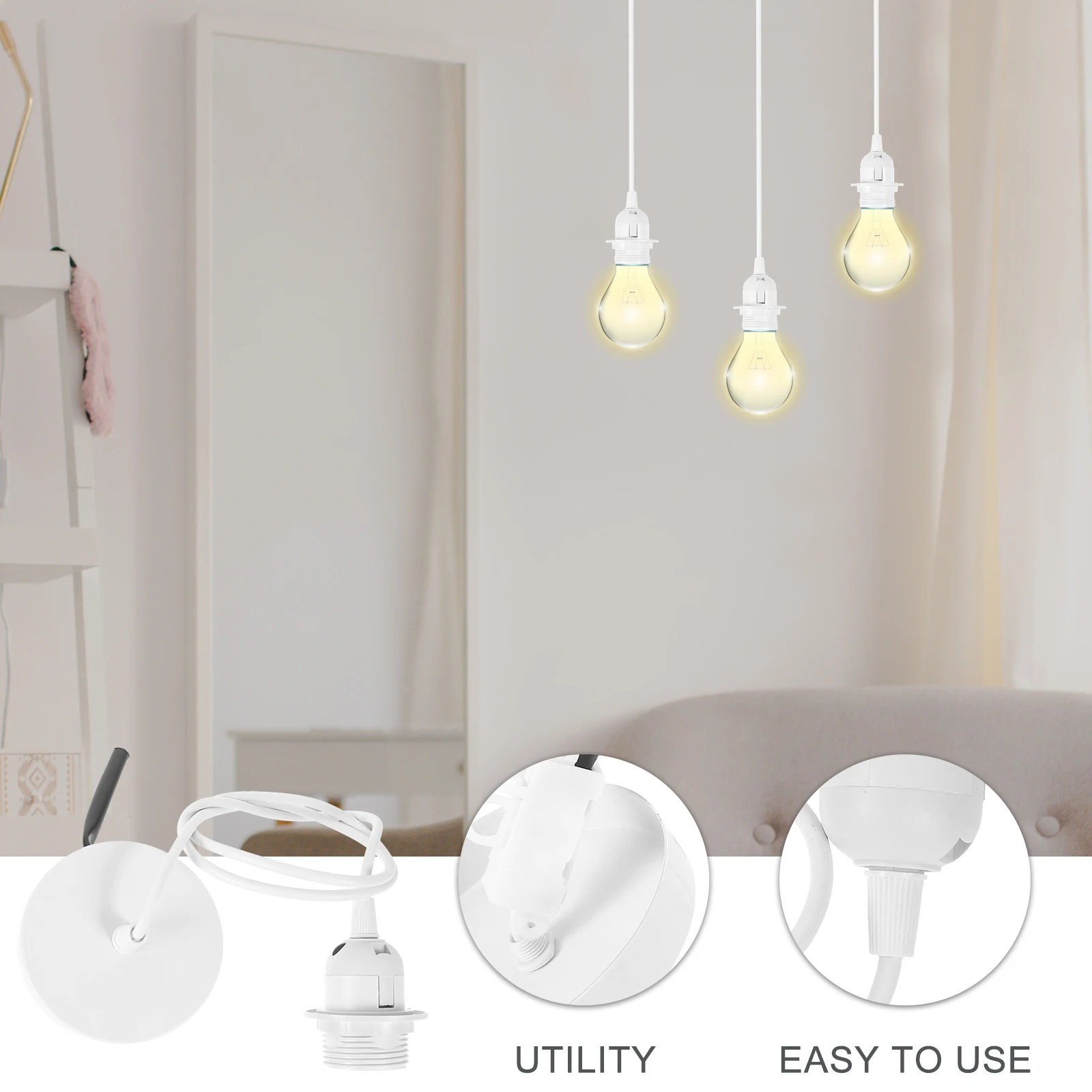 

Retro Lamp Holder E27 Large Screw Base Half Tooth Socket White Wire 1m Pendant Light Fitting Stylish Design Practical Ch