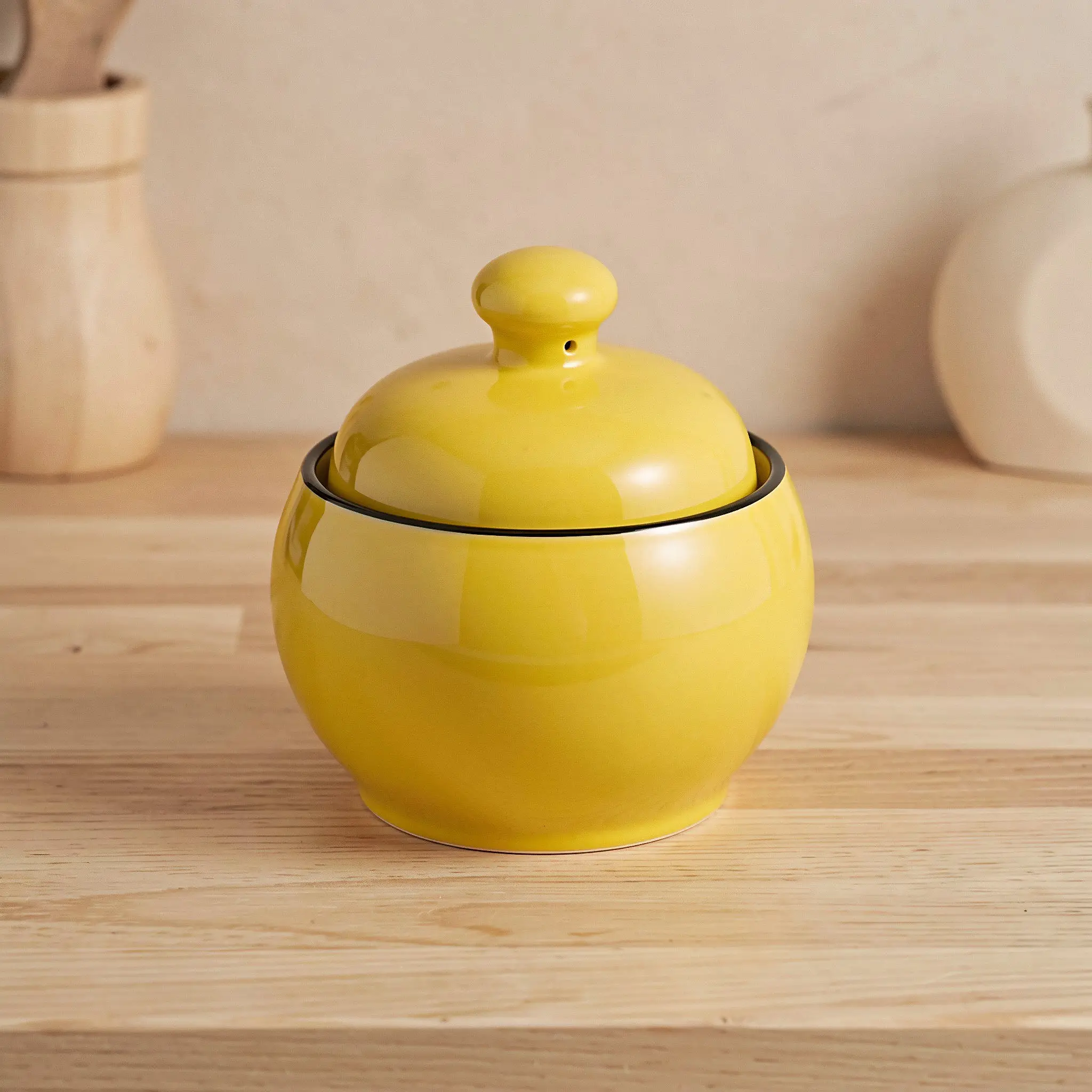 Ceramic Sugar Jar Drum-Shaped Vintage Candy Container 350Ml Kitchen Salt Spice Storage Pot Wide Mouth Glazed Lid Easy Opening view 6