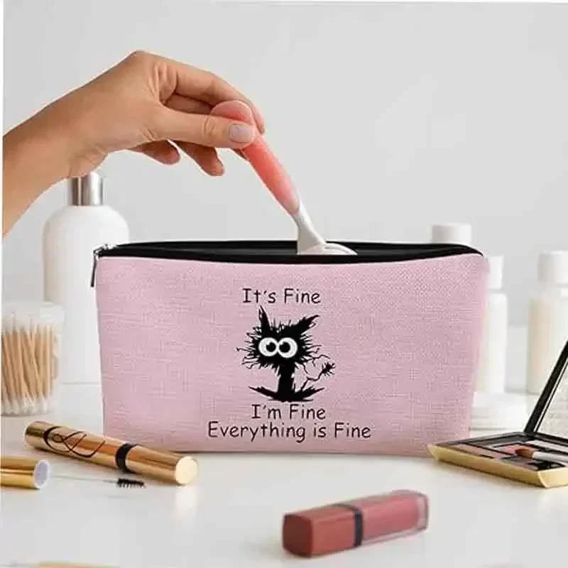 CH01 Es bien, estoy bien, todo está bien, bolsa de cosméticos con diseño de gato divertido, color rosa