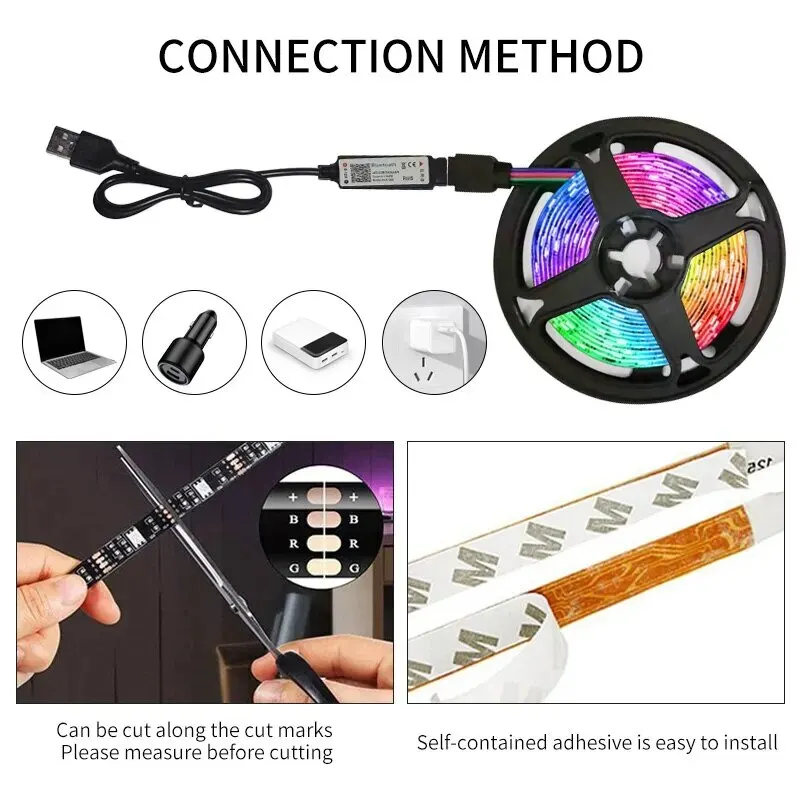 3M USB RGB lampu Strip LED 5V SMD 2835, aplikasi cerdas Bluetooth fleksibel pita pita LED untuk lampu latar TV komputer