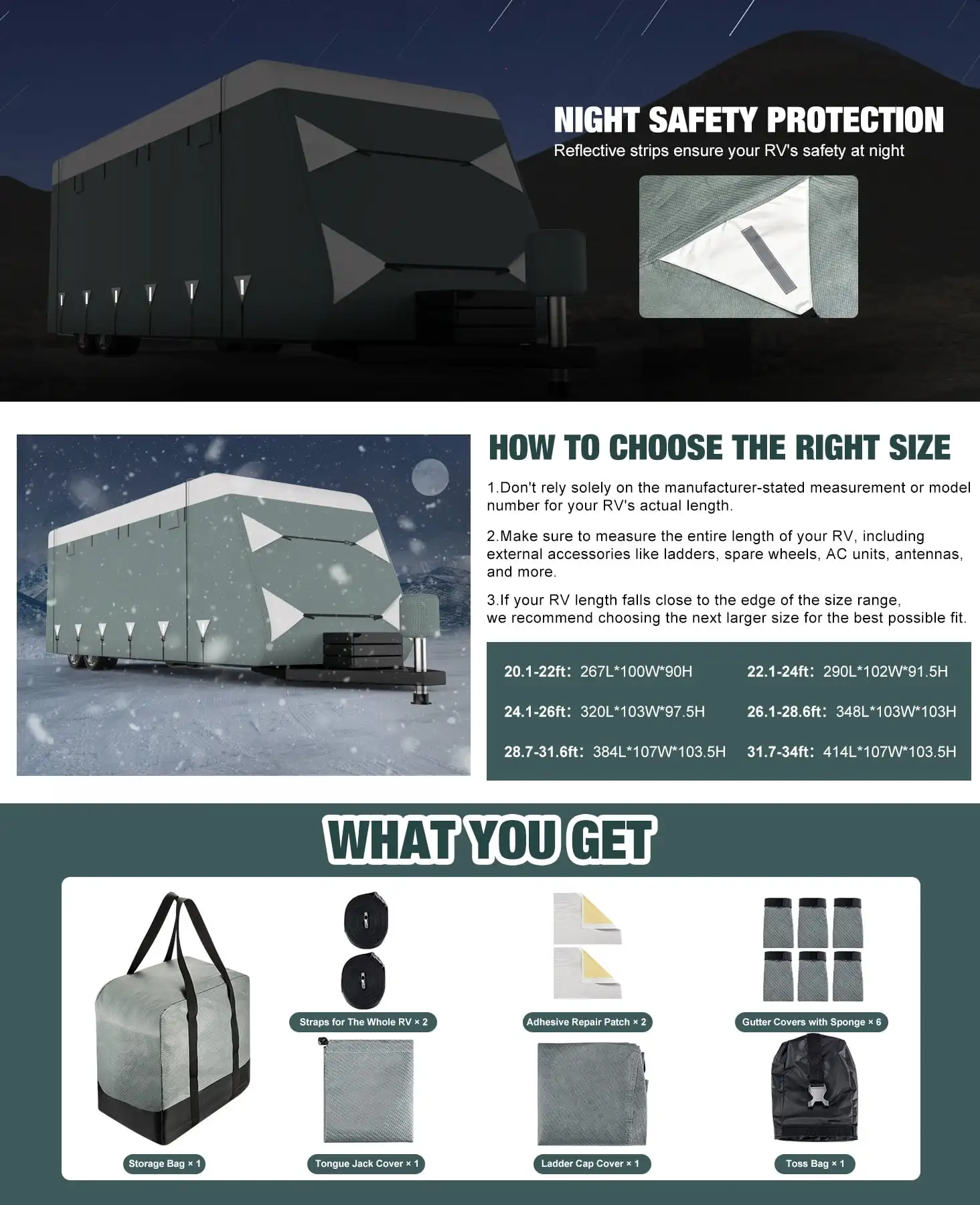 31.7-34피트 트래블 트레일러 RV 커버, 업그레이드된 옥스포드 방수, 찢김 방지, 자외선 차단 캠퍼 커버