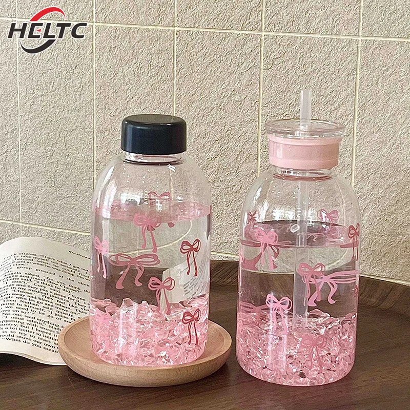 600 مللي زجاجة ماء بهلوان جمالي لعصير القهوة والثلج والشاي لطيف Bowknot أكواب بلاستيكية مع غطاء من القش زجاجة شرب محمولة