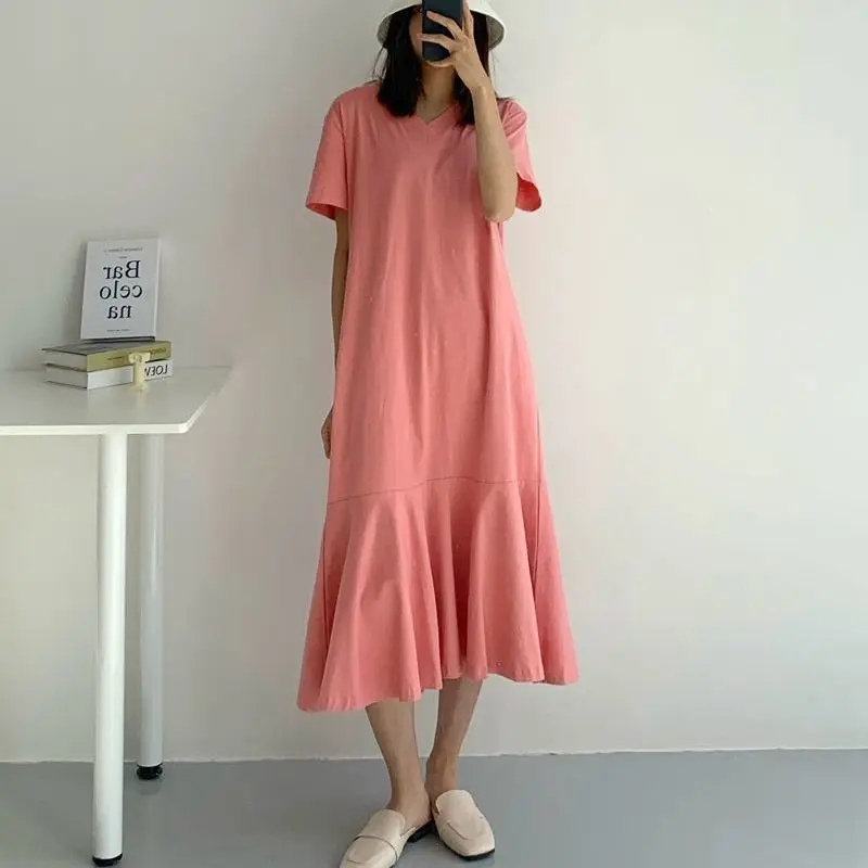 Summer New Pleated Patchwork T Shirt Dress Solid V Neck Short Sleeve Loose Plus Size Ladies Dresses Fashion Casual Women Clothes