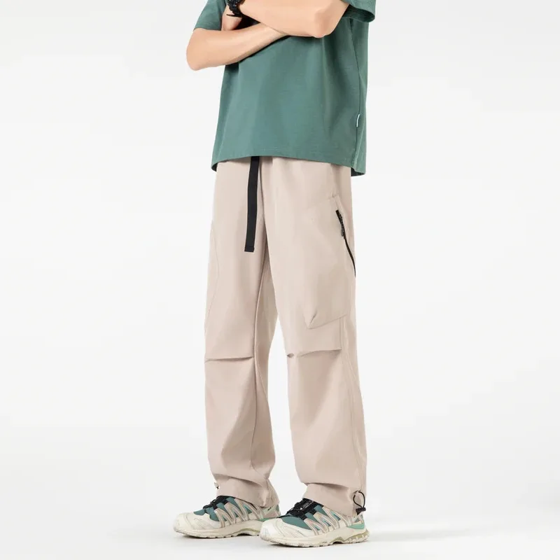 Spliced design outdoor work pants men's long pants, loose-fitting wide leg pants straight leg casual sport pants