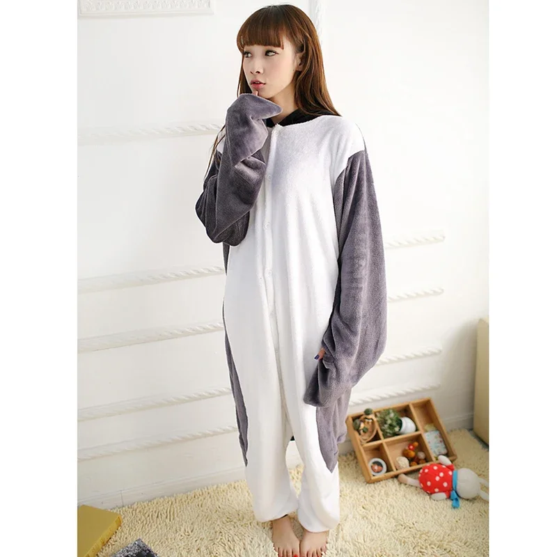 Volwassen Anime Kigurumi Onesie Grappige Grijze Pinguïn Kostuum Pyjama Voor Vrouwen Mannen Unisex Flanel Warm Zacht Dier Onepieces Nachtkleding