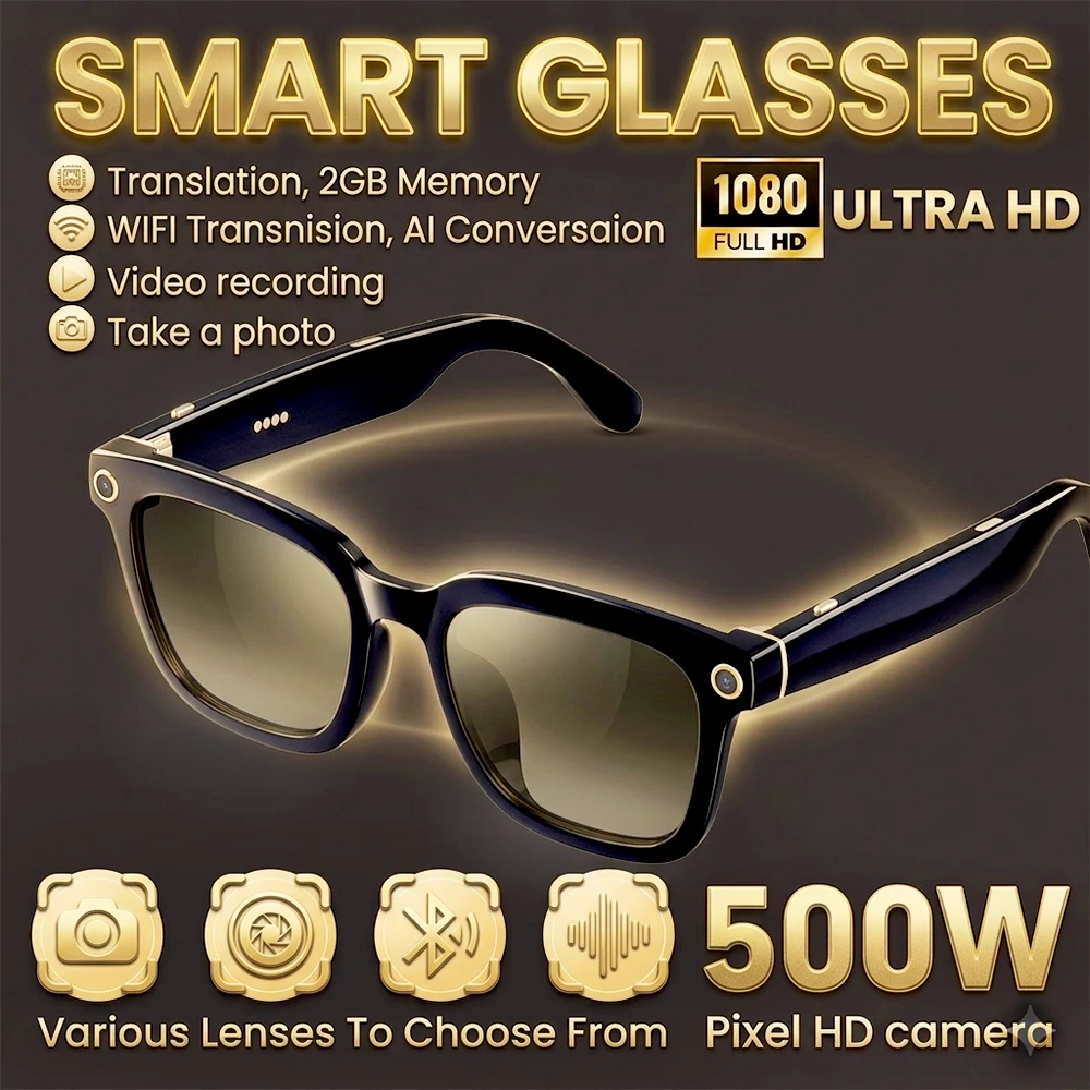

Новые умные очки 2026 года с ИИ, алюминиевая оправа, HD-камера 500W, запись видео 1080P, ИИ-перевод, звонки по Bluetooth