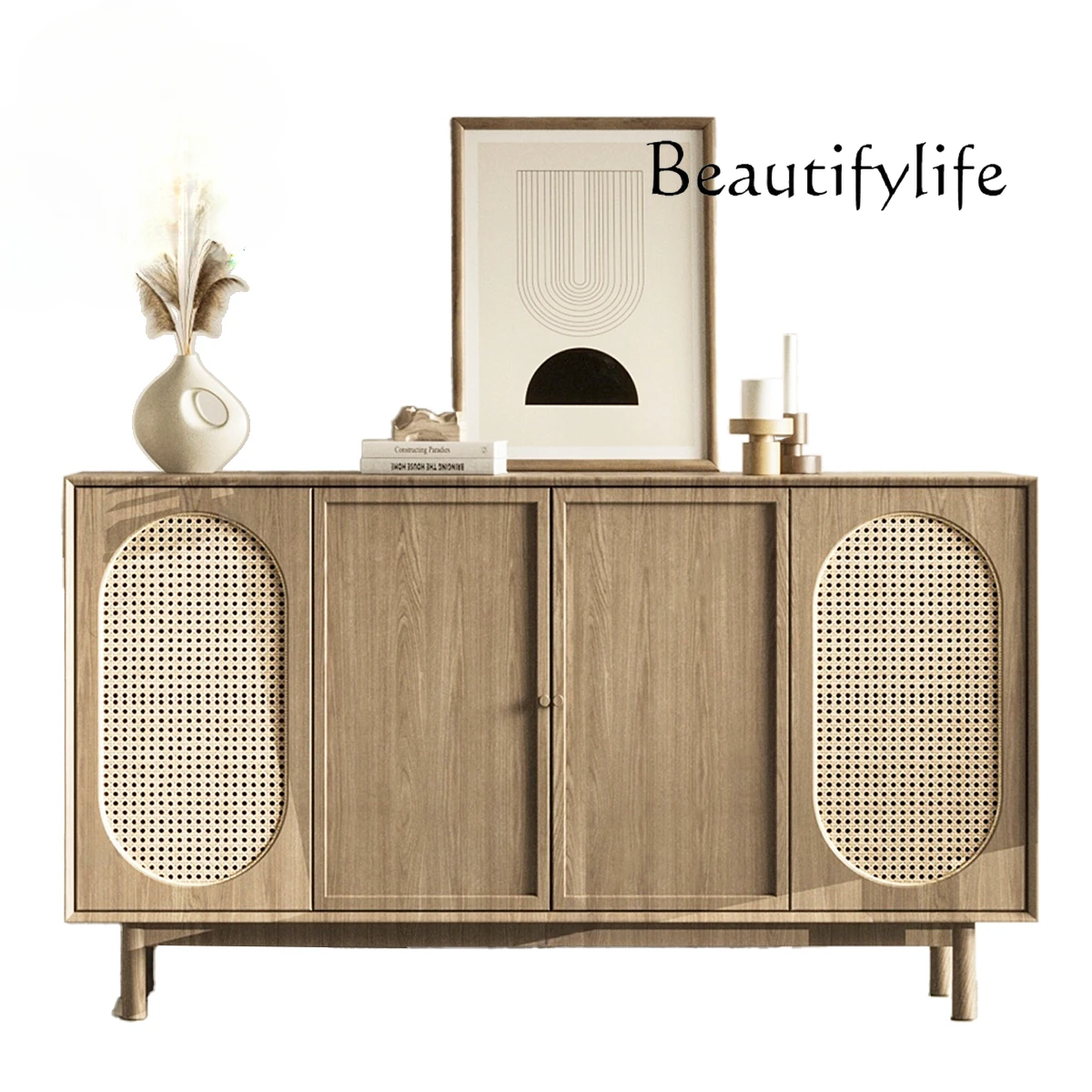 

Nordic medieval rattan dining side cabinet household living room ash wood wall decorative cabinet vitrina