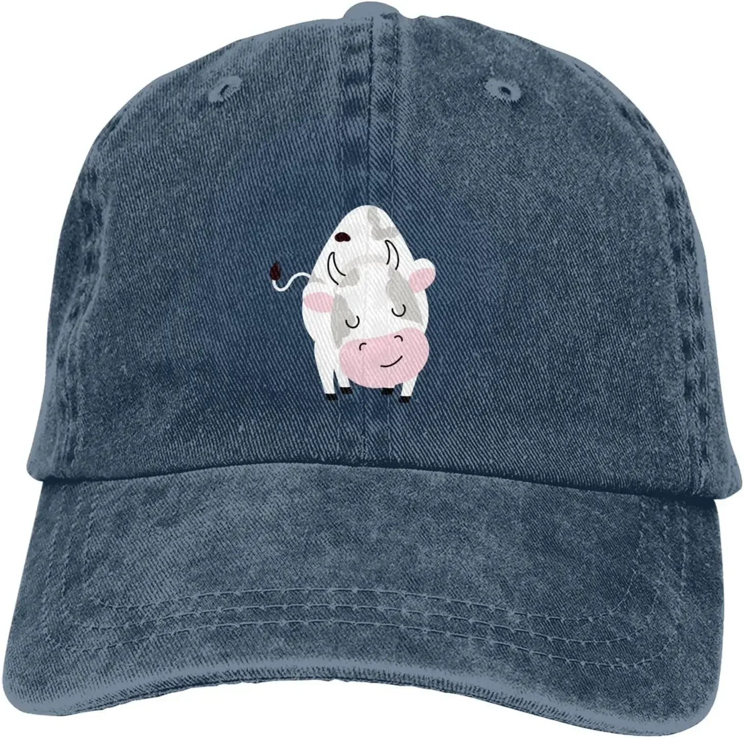 Cartoon Milk Cow Distressed Adjustable Washed Denim Cotton Low Profile Mens Dad Trucker Hat Black Fitted Baseball Ball Cap