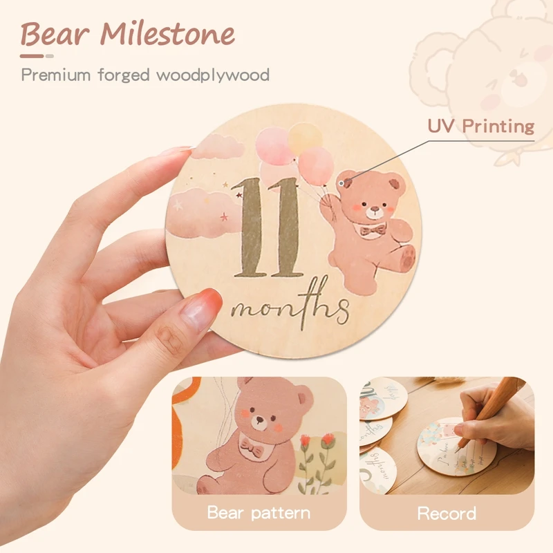 8Pcs Newborn Wooden Milestone Cards 0-12 Months Bear Baby Memories Cards Newborn Photography Props Accessories Birthing Gift