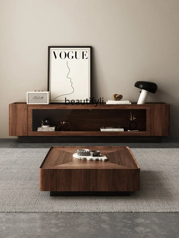 

Solid Wood TV Cabinet Floor Black Walnut Middle Ancient Living Room Induction Lamp Low Cabinet Coffee Table Combination