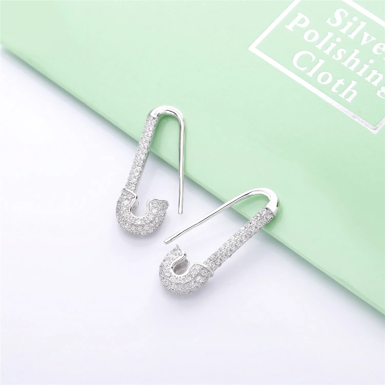 925 Sterling Silver Safety Pin Earrings Pave Inlay Full Zircon For Women's Unique Punk Style Cute Paperclip Earrings Trendy Best view 4