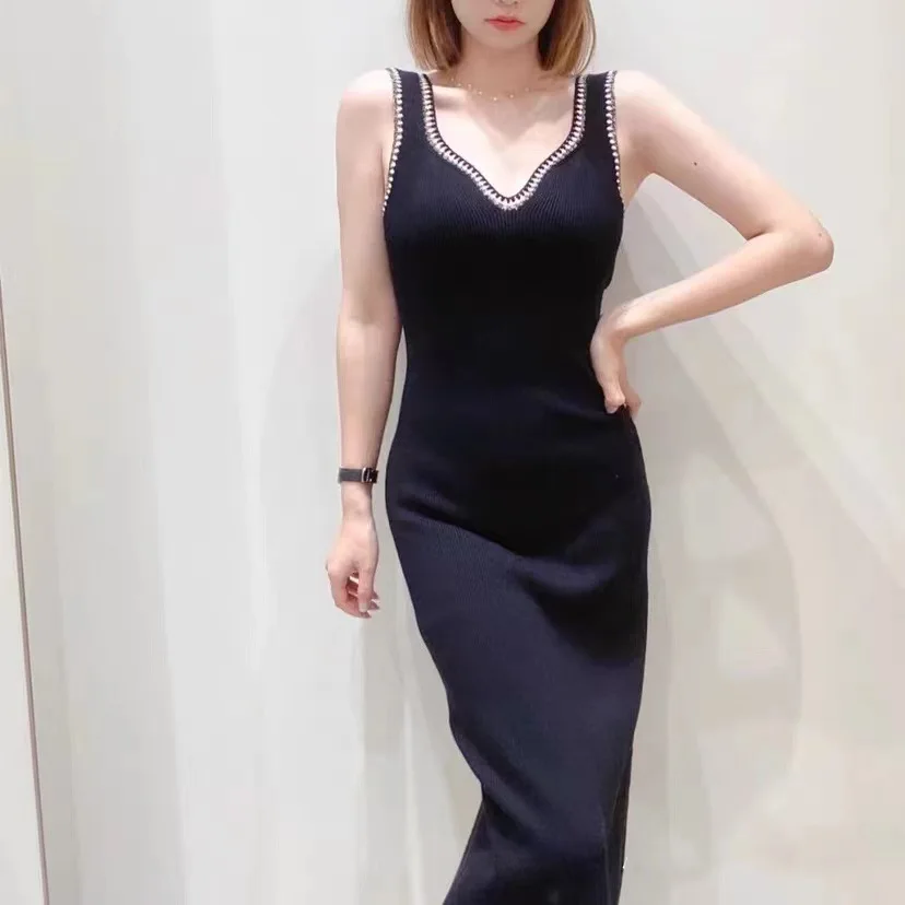 

Women's Long Dresses Sexy V-neck Backless Early Autumn New Ladies Knitted Sleeveless Robe