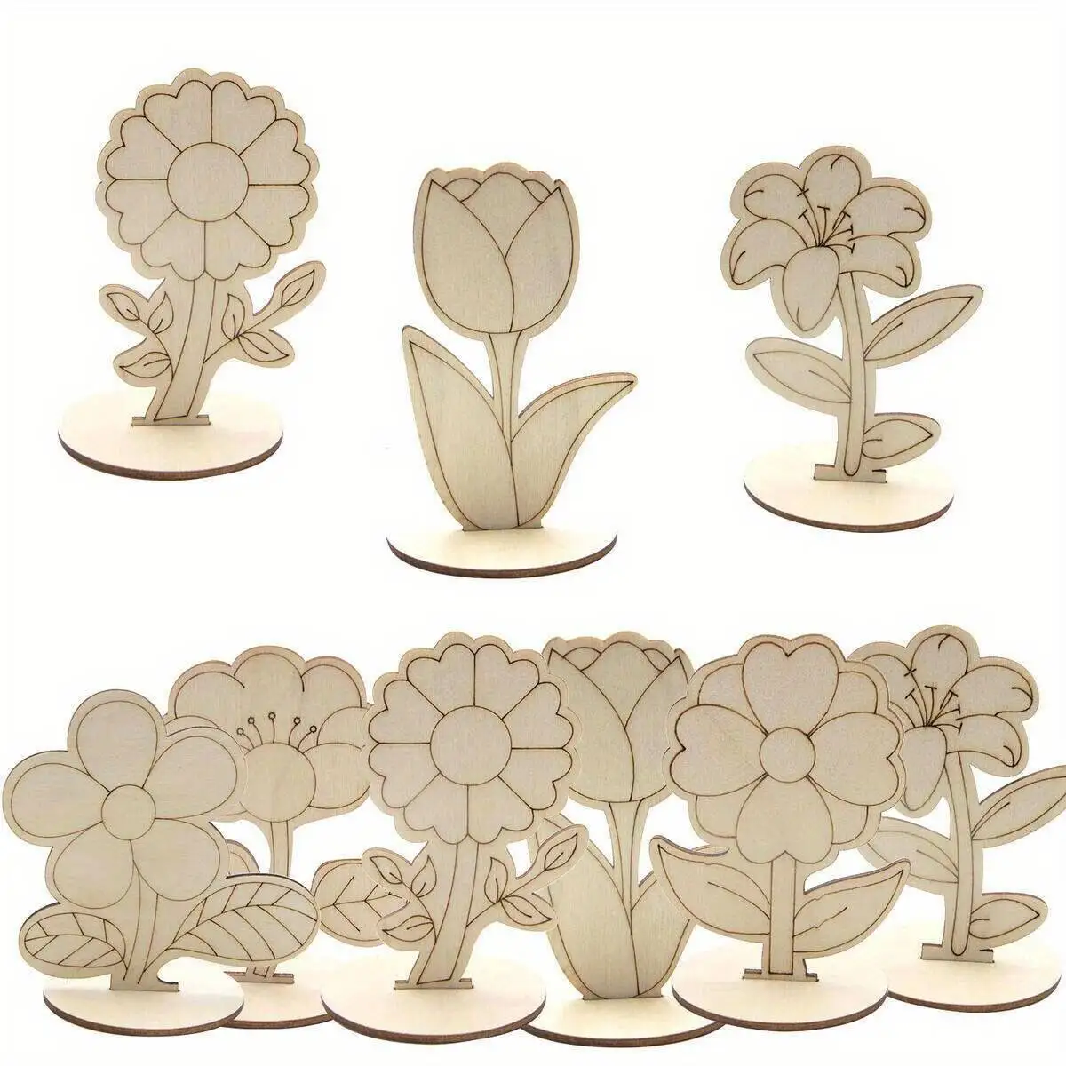 6Pcs/Set Rose/Lily/Sunflower Wooden Ornament Wood DIY Painting Crafts For Spring Happy Easter Party Table Decoration Supply