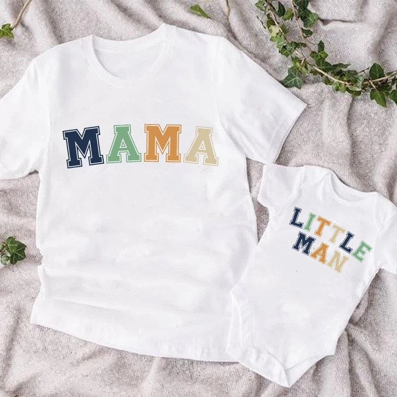 Mama Little Man Printed Family Matching Clothes Mother & Son Short Sleeve Outfit Shirt Fashion Mom Boy T-shirt Tops Baby Bodsuit