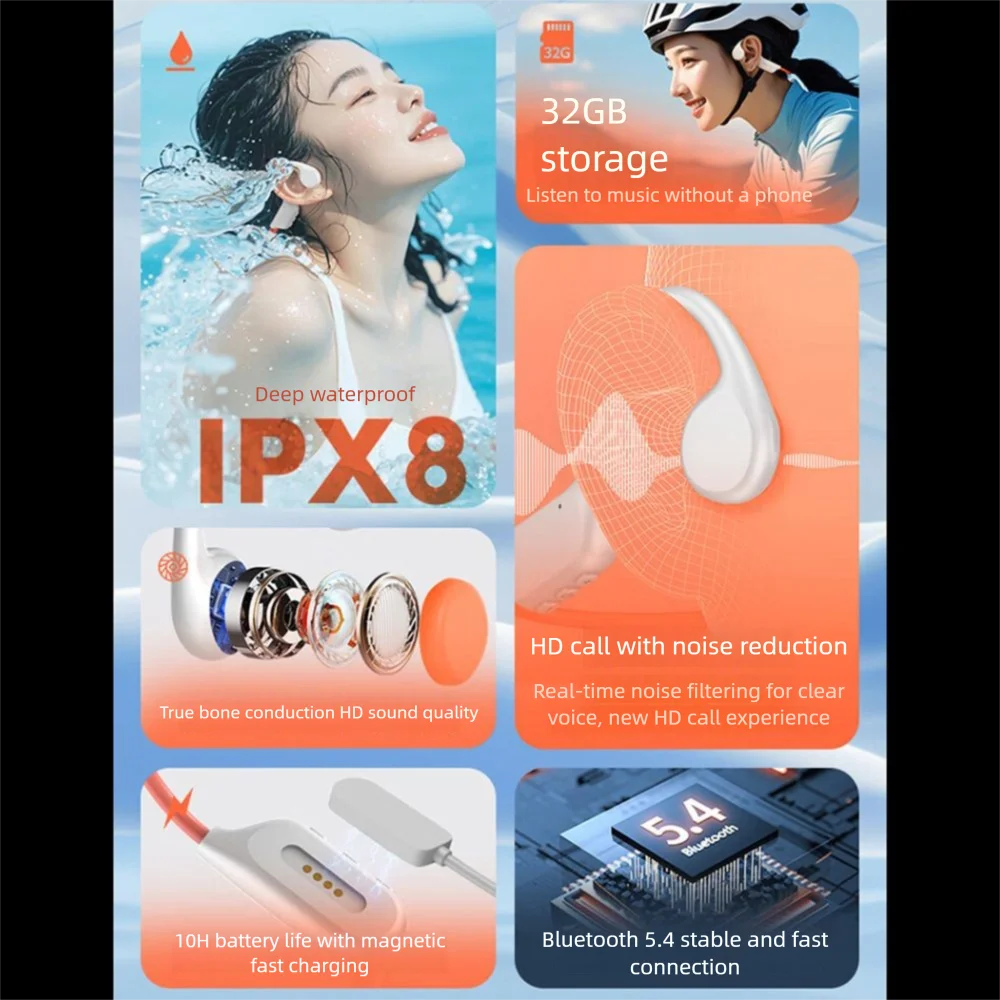 IPX8 العظام التوصيل سماعة بلوتوث 5.4 X7s الرياضة سماعات الموسيقى مع ميكروفون 32GB مشغل MP3 سماعات أذن رياضية السباحة