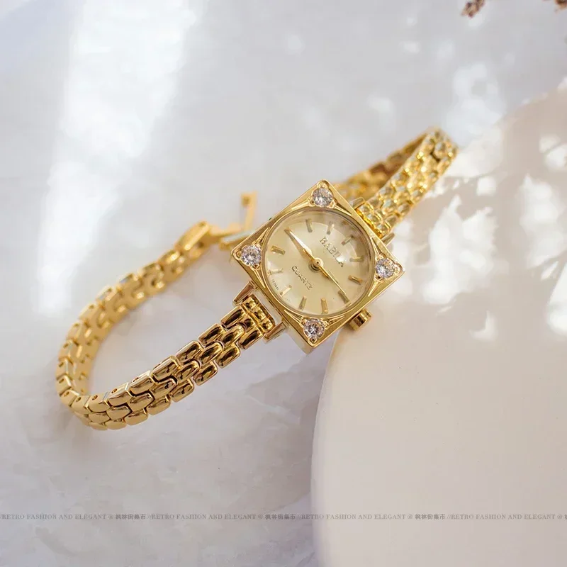 

24K gold brass band new Japanese exquisite diamond women watch quartz retro simple small Square Watch girl luxury lady watch