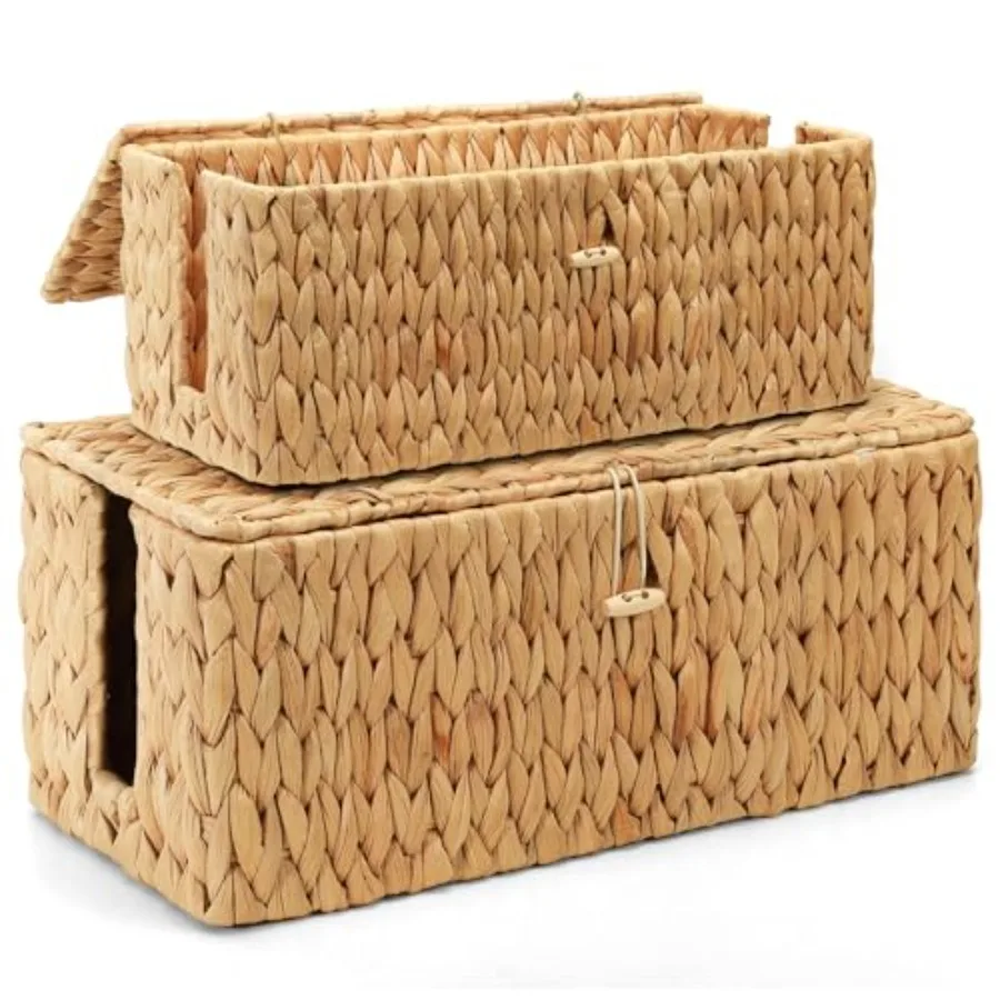 

Коробка для организации кабелей с крышкой, 2 шт., ручной работы из натурального водяного гиацинта, органайзер для скрытия проводов, 2 боковых отверстия, коробка для хранения