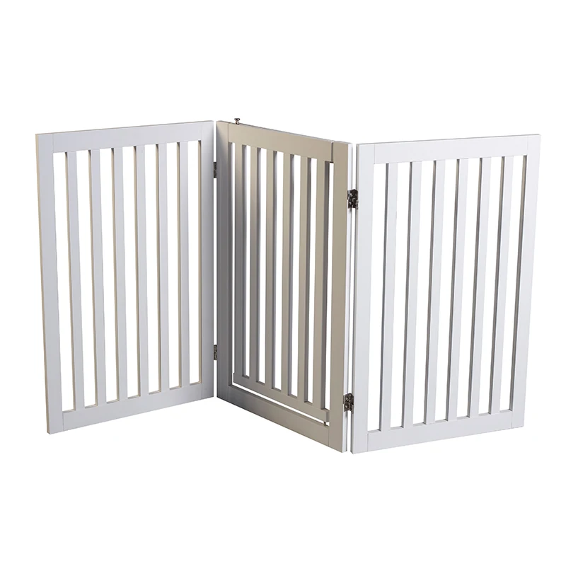 3 Panel Dog Gate Wooden Foldable Freestanding Indoor Pet Gate with Walk Through Door 2Pcs Support Feet