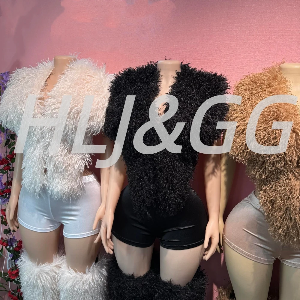 HLJ&GG Jesienno-zimowy futrzany bezrękawnik z bandażami, dwuczęściowy zestaw damski, top z dekoltem w serek i odkrytymi plecami oraz szorty, styl Y2K, streetwear