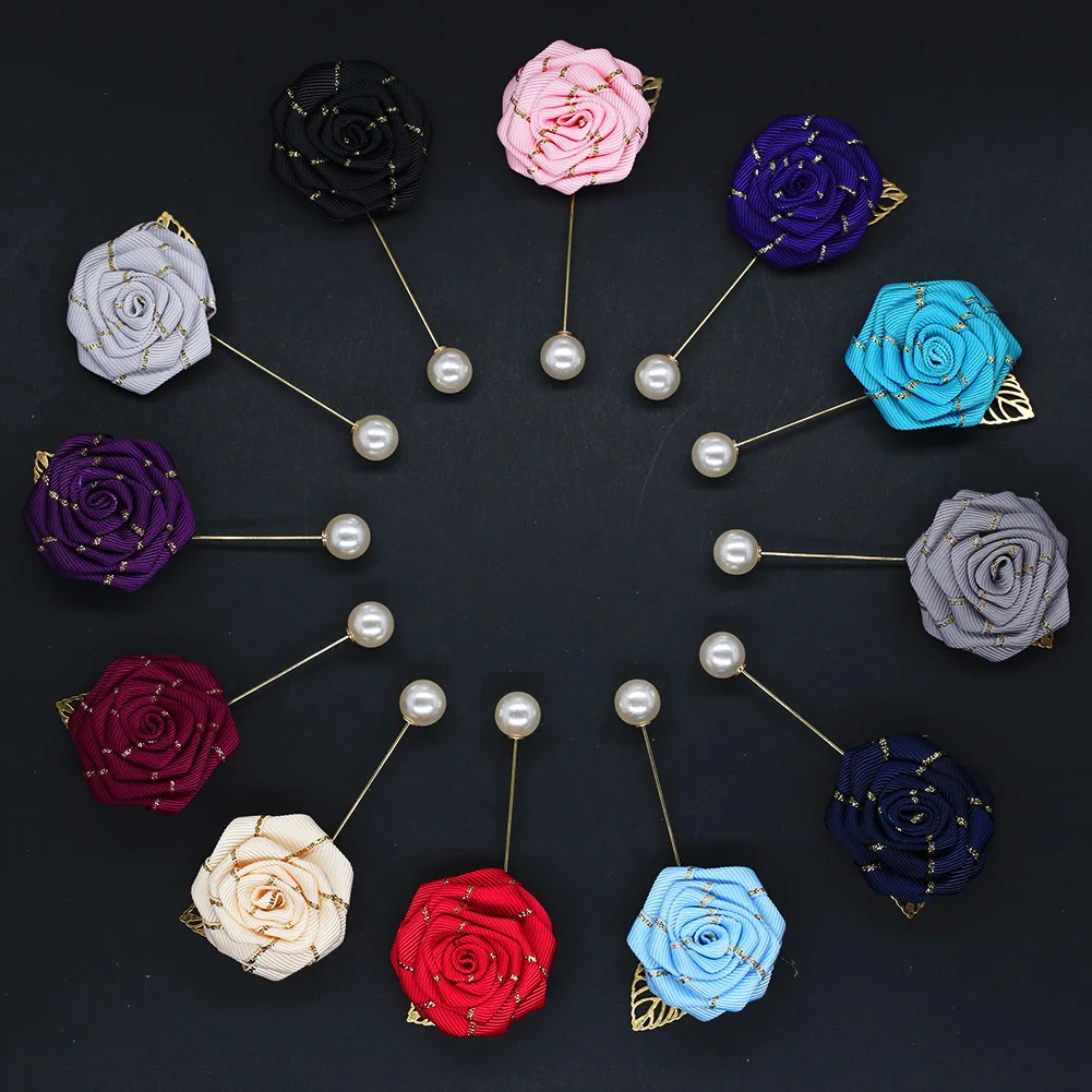 JaneVini Handmade Rose Brooch Men Wedding Suits Groom Flower Boutonniere Royal Blue Red Lapel Pins Buttonhole Bride Accessories