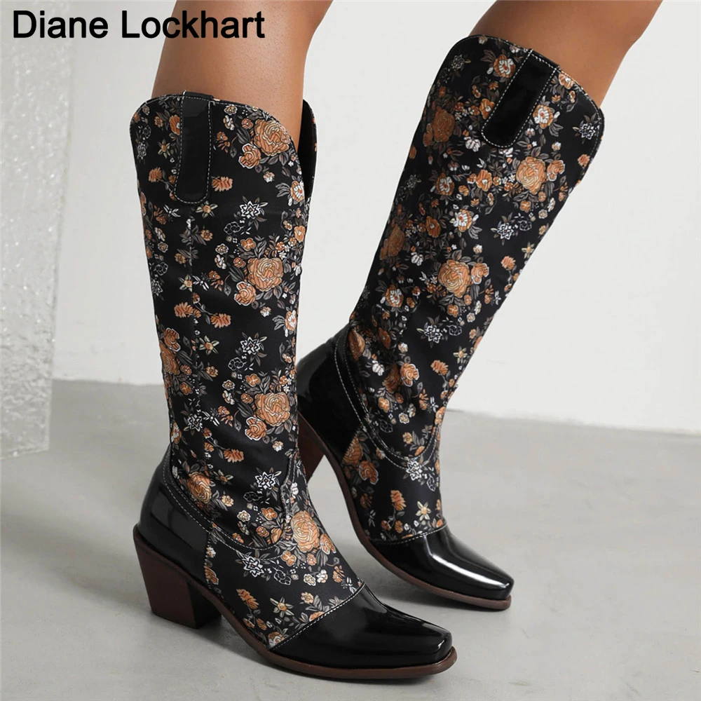 

Женские сапоги до колена с цветочным тотемом, этнические ковбойские сапоги на массивном каблуке, винтажные модные женские сапоги в стиле панк в стиле вестерн, 2025 г.