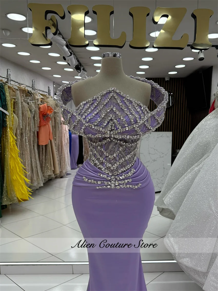 

Elegant Crystal Off The Shoulder Blue Mermaid Evening Dress Diamonds Celebrity Gala Prom Party Dresses Customized