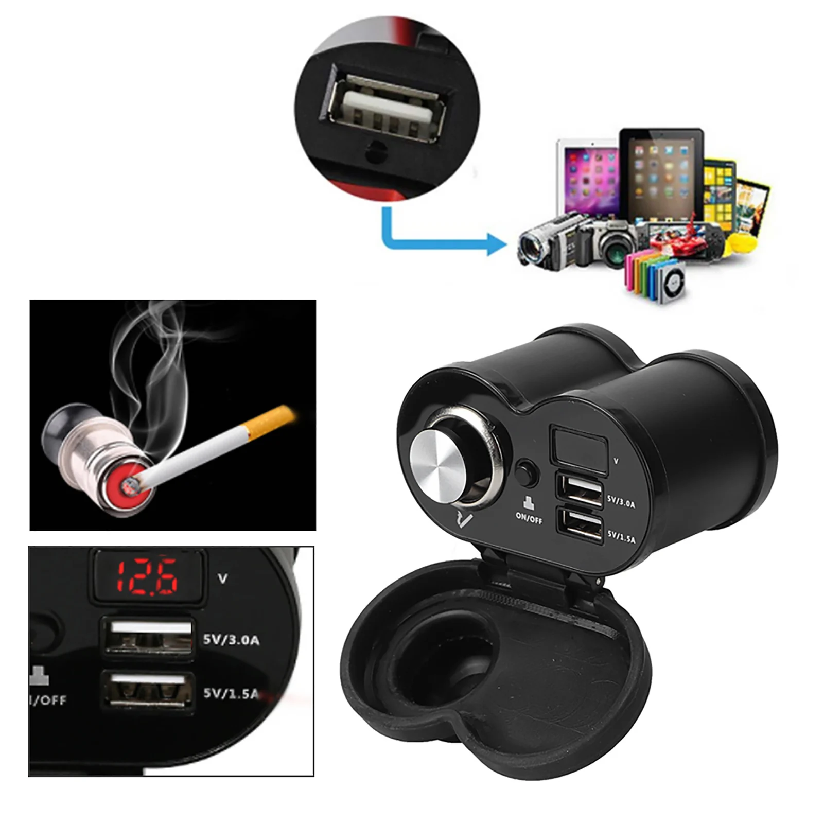 

Motorcycle Cigarette Lighter, 12V Motorcycle Cigarette Lighter Dual USB Charger Waterproof Handlebar Mount
