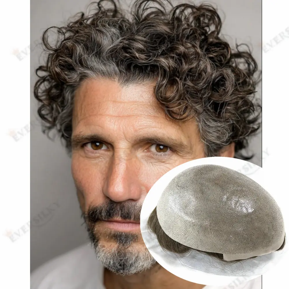 

26 мм вьющиеся Vloop мужские парики девственные человеческие волосы система супер тонкая кожа 0,06 мм основа капиллярный протез серый коричневый черный шиньон