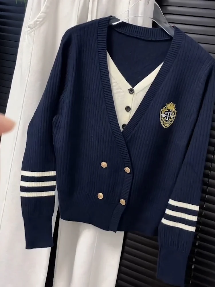 

Новое поступление, темно-синий полосатый кардиган в студенческом стиле с v-образным вырезом, женский свитер, осенний топ с длинными рукавами, искусственные топы из двух предметов C222
