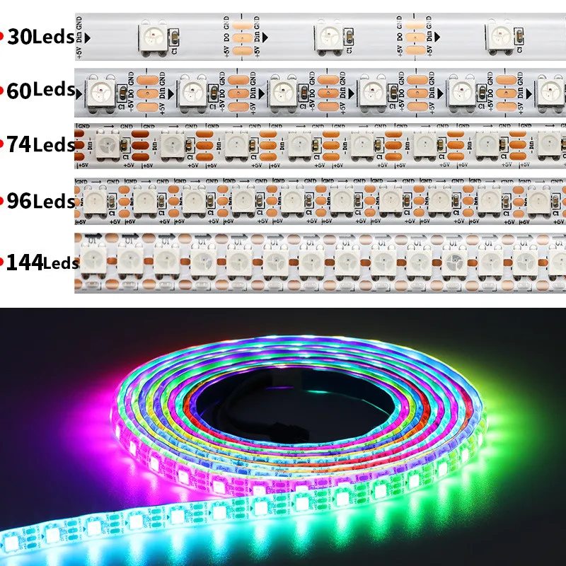 DC5V WS2812b led strip light 1m/5m 30/60/144leds/m pixel WS2811IC Smart Pixels Neon Lamps Tape IP30/IP65/IP67 Full color led Bar