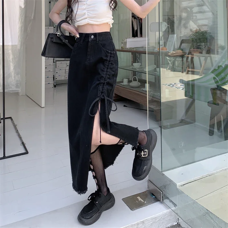 

New Gothic Black Saias Jeans Women Ruched Split Long Denim Skirts Fashion High Waist Jeans Skirt Summer Casual Streetwear L529