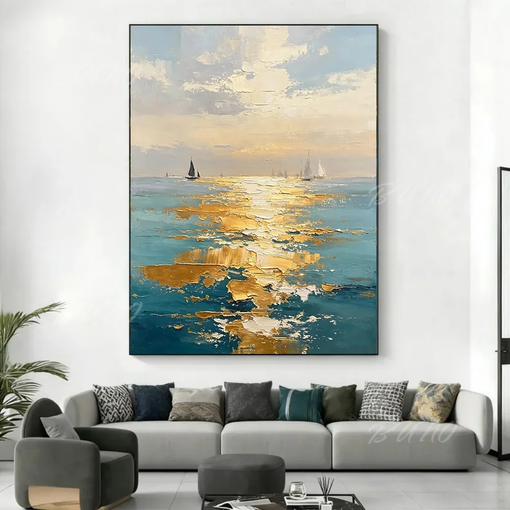100% Hand Painted Original Abstract Oil Painting Textured Gold Sailboat Ocean Canvas Wall Art For Home Living Room Bedroom Decor