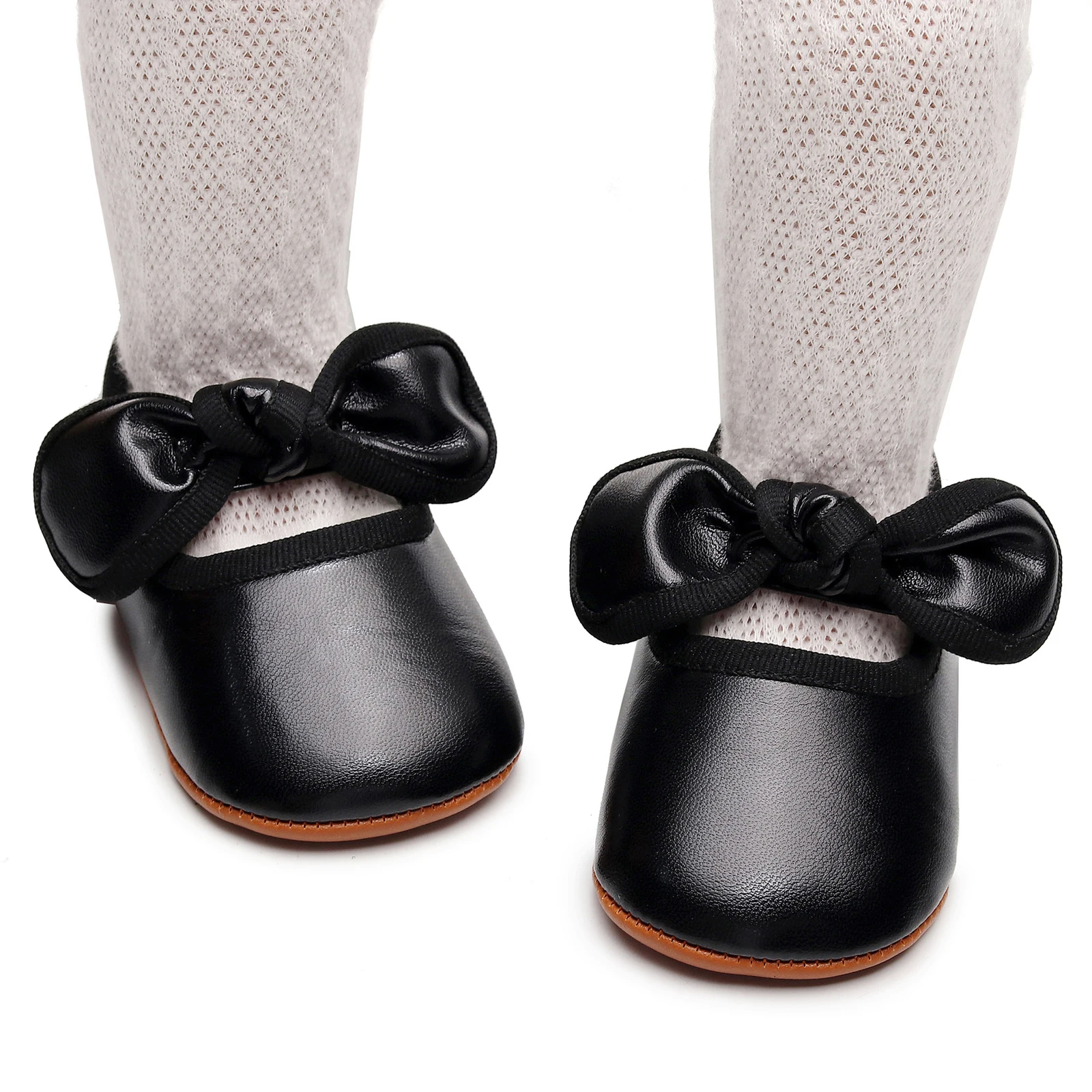 Baby Girl Princess Dress Shoes Faux Leather Bowknot Mary Jane Flats Crib Shoes with Non-Slip Rubber Sole