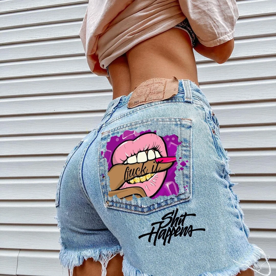 Pantalones cortos vaqueros con estampado de labios para mujer, moda de verano