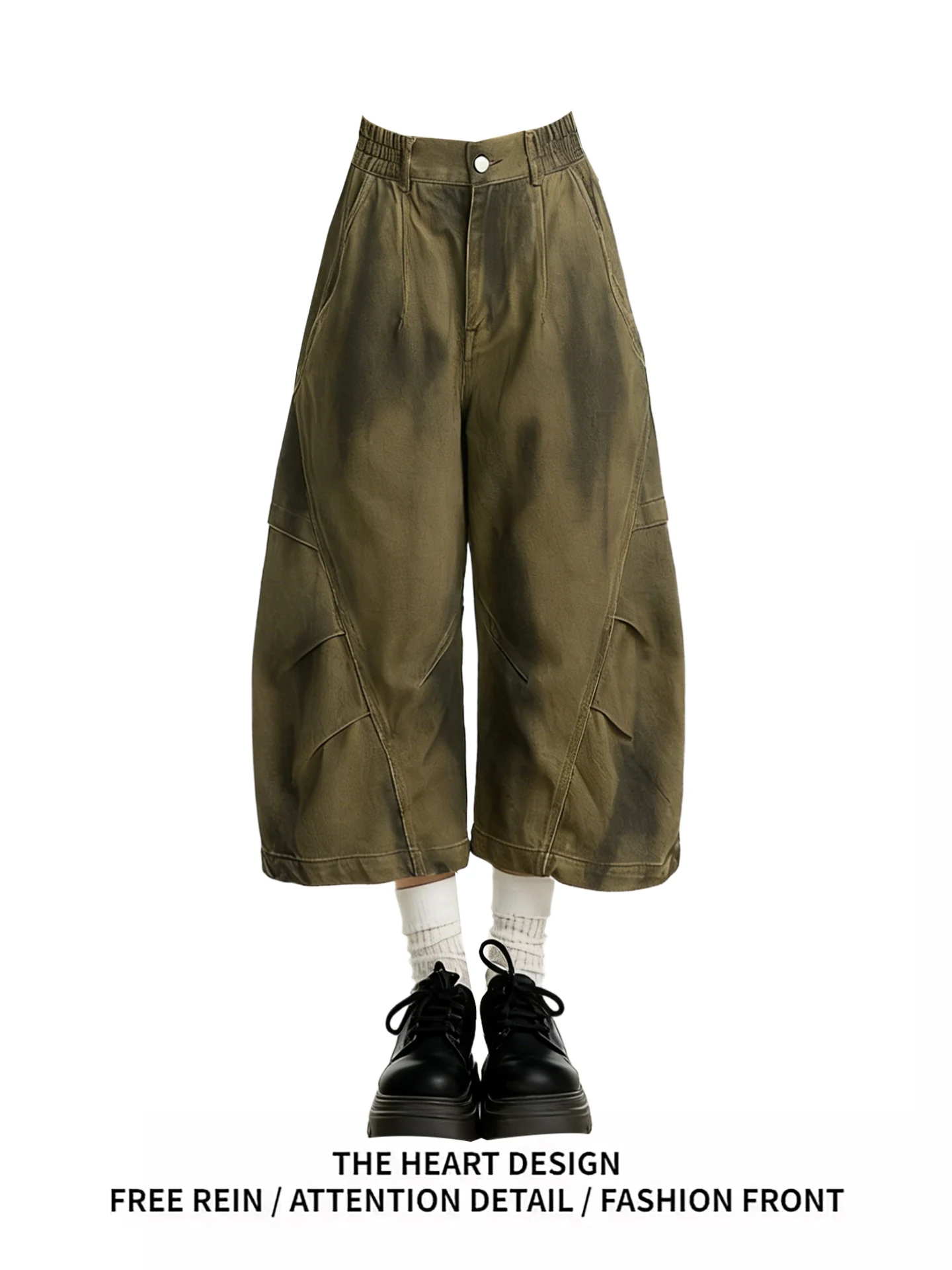 

Retro American Dirt Dyed Workwear orts Women Summer New Loose Straight Wide Leg Pleated Seven Pants Casual High Waist Wide ...